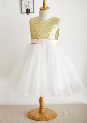 Gold Sequin Ivory Tulle Flower Girl Dress With Pink Bow Sash